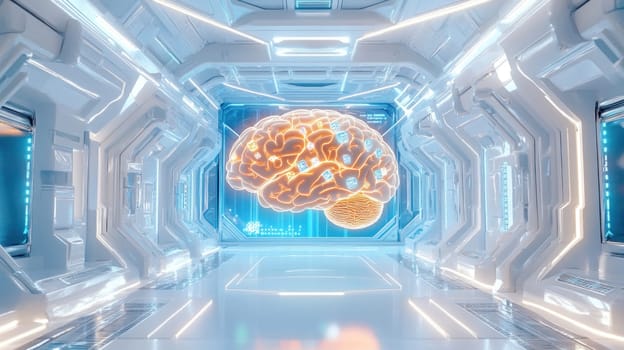 Futuristic laboratory interior showcasing a holographic projection of a human brain undergoing digital information processing and analysis