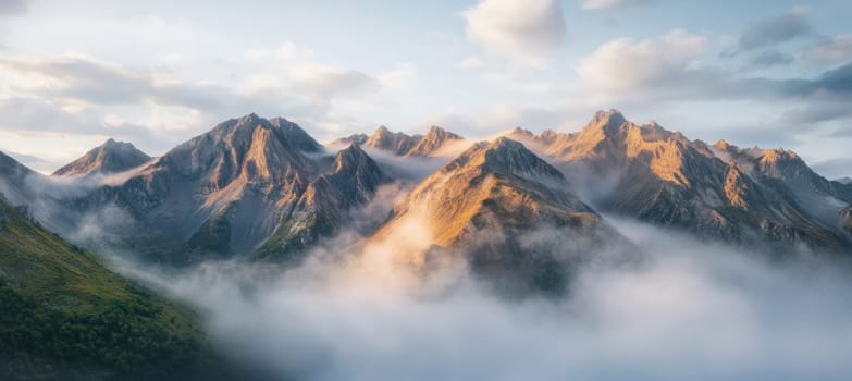 Stunning sunrise illuminating mountain peaks rising above a sea of clouds, creating a breathtaking alpine landscape