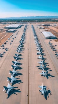 Numerous fighter jets parked on a vast airfield, casting long shadows under the midday sun