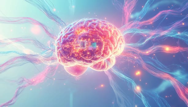 Glowing human brain processing data and connecting with a digital network, symbolizing artificial intelligence and neural network