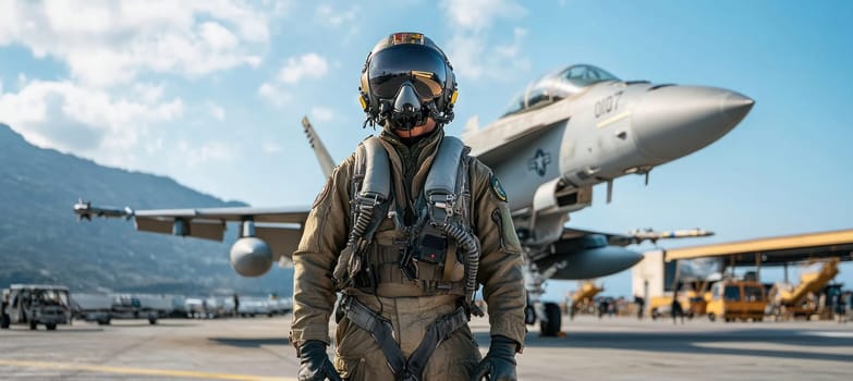 Fighter pilot wearing flight suit and helmet standing near fighter jet on sunny airfield