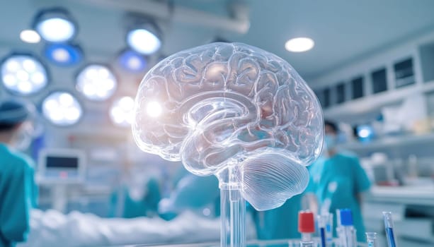 Surgeons performing brain surgery with transparent plastic brain model in foreground