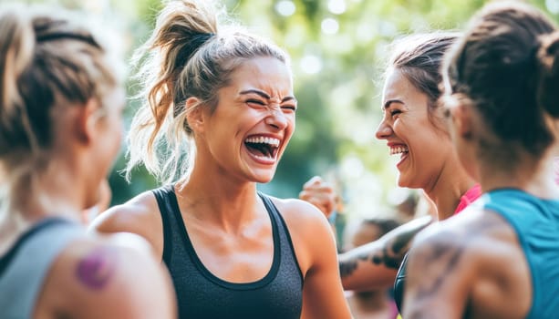 Cheerful sportswomen having fun and laughing together after training outdoors