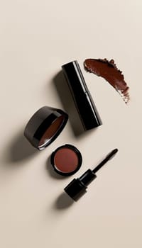 Minimalist beauty setting showcasing mocha mousse lipsticks and compact powders. styled against a cream backdrop, the scene features soft natural shadows and elegant composition, ideal for cosmetics branding and marketing designs.