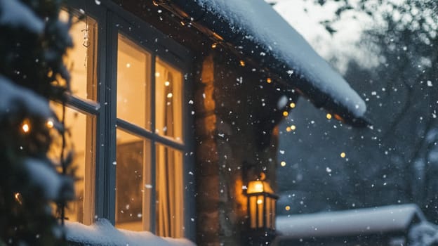 Christmas in the countryside, cottage decorated for holidays on a snowy winter evening with snow and holiday lights, English country styling inspiration