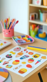 A vibrant sticker sheet featuring cute and colorful food designs is displayed on a child's study table, surrounded by assorted school supplies. perfect for enhancing crafts, scrapbooking, and educational projects in a cheerful setup.
