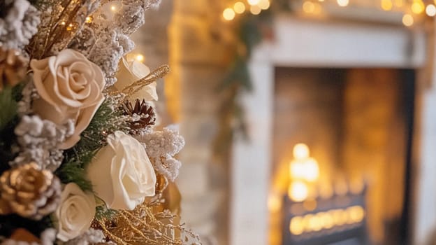 Christmas, holiday decor and country cottage style, cosy atmosphere, decorated Christmas tree in the English countryside house living room with fireplace, interior decoration idea