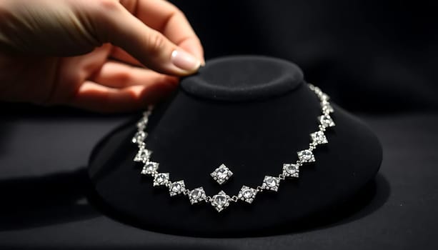 A hand delicately adjusts an elegant diamond necklace on a display bust, highlighting the sparkling gems in a dim, mysterious setting. The mood is luxurious and intimate.
