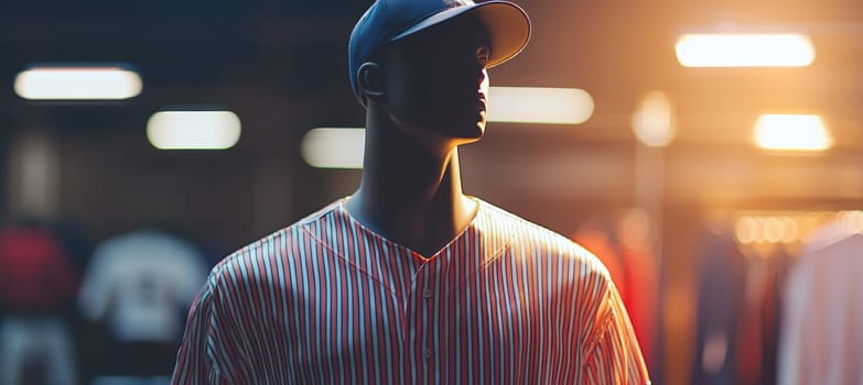 A mannequin showcases a baseball jersey with bold stripes, set under a soft spotlight. the clean logo space stands out against the blurred, neutral studio background, ideal for athletic design concepts or sports retail presentations.