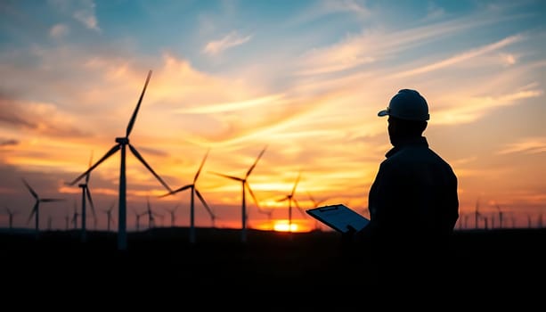 A silhouetted engineer in a hard hat stands overseeing wind turbines against a vibrant orange and blue sunset, holding a tablet. The scene symbolizes progress and sustainable energy.