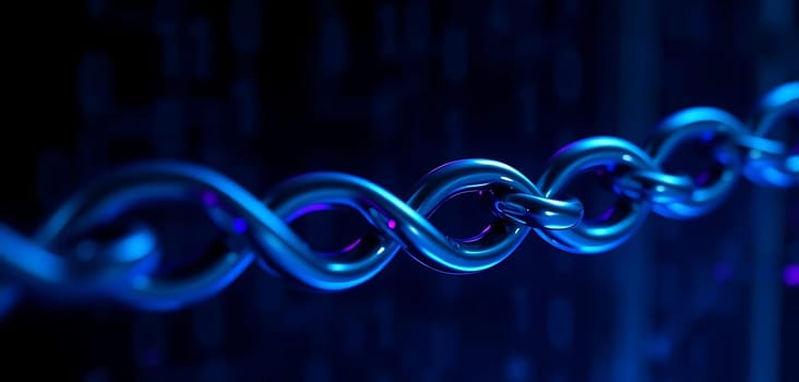 A gleaming blue chain twists elegantly against a dark, blurred backdrop, evoking a mood of strength and mystery. The metallic links shimmer with highlights, drawing attention to their interconnected form.