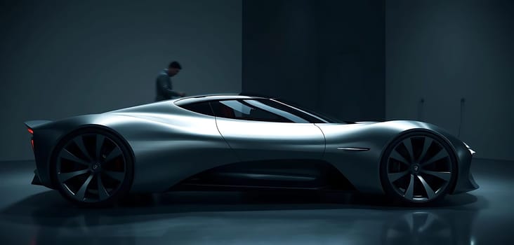 A sleek, futuristic sports car stands dramatically lit in a dark, minimalist studio space. The car's aerodynamic design and shiny metallic finish capture the spotlight, while a blurred figure in the background hints at a secretive, high-tech ambiance. The mood is mysterious and sophisticated, emphasizing cutting-edge innovation.