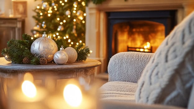 Christmas, holiday decor and country cottage style, cosy atmosphere, decorated Christmas tree in the English countryside house living room with fireplace, interior decoration idea