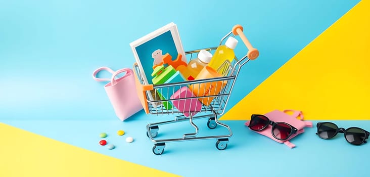 A vibrant scene unfolds with a mini shopping cart brimming with summer essentials: a tablet, beach toys, and sunscreen. Nearby, a pink bucket, colorful pills, sunglasses, and a floppy hat lie on a bright blue and yellow backdrop, evoking a cheerful, vacation-ready mood.