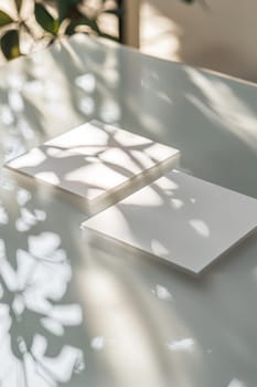 Rectangular sticker mockup featuring elegant branding set on a glass surface, showcasing soft reflections and bright natural lighting, ideal for showcasing designs in a professional and sophisticated manner.