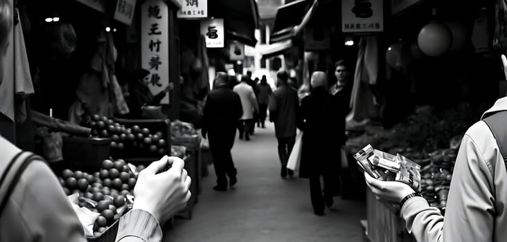 In a bustling market street, two individuals, engrossed in their phones, stand amidst vibrant fruit stalls. The monochrome scene contrasts the lively atmosphere, capturing a moment of modern disconnection amidst traditional commerce. Signs with Japanese characters hang overhead, adding cultural depth to the dynamic setting.