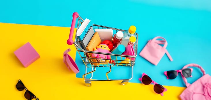 A vibrant mini shopping cart brims with colorful toys and items on a bright yellow and blue background. Surrounded by playful pink accessories like sunglasses and a bag, the scene exudes a cheerful, whimsical mood, perfect for a child's imagination.