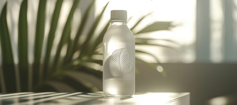 Frosted glass water bottle featuring a sleek die-cut logo sticker. the minimalist design enhances branding appeal, set against a softly blurred backdrop, adding depth and focus to the aesthetic. ideal for promotional use.