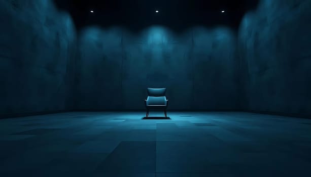 A solitary chair stands in a dim, abstract room bathed in blue light. The stark, minimalist setting evokes a sense of isolation and mystery. Spotlights cast shadows, enhancing the dramatic mood.