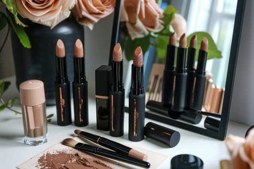 A makeup artist's elegant workspace showcasing mocha mousse lipsticks, a variety of brushes, and a well-lit mirror. the setup includes various makeup tools on a marble surface with soft lighting, creating a stylish and professional atmosphere.