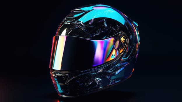 Reflective black helmet adorned with a holographic sticker, enhanced by studio lighting. the vibrant colors and sleek design create a futuristic look, perfect for showcasing design concepts or promotional materials with a modern edge.