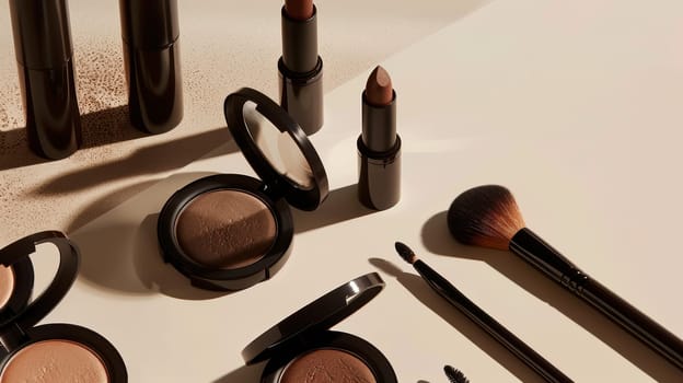 Luxurious beauty products, including makeup brushes, compact powders, and lipsticks, styled elegantly on a reflective beige surface. the composition rich, deep colors and textures, the sophistication of the beauty campaign.