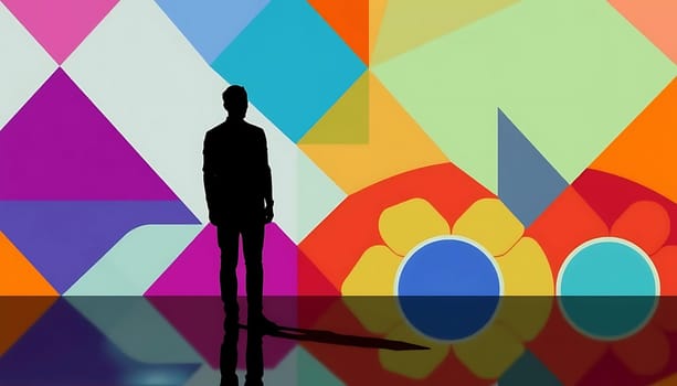 A silhouetted figure stands before a vibrant, geometric backdrop, creating a striking contrast. The colorful shapes evoke a dynamic, modern mood, while the reflective floor enhances the depth, making it an intriguing, artistic scene.