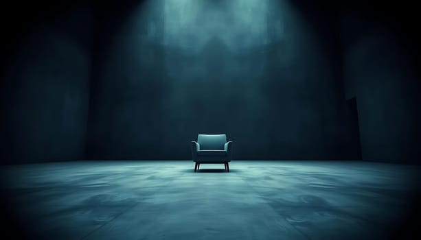 A solitary blue armchair stands in a dim, cavernous room, illuminated by ethereal light shafts. The stark, empty space evokes a sense of mystery and isolation. The dark walls and serene floor create a somber, introspective mood.
