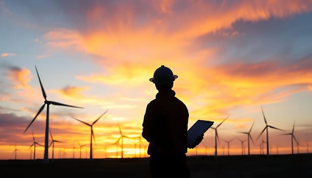 Silhouetted against a vibrant sunset, a worker with a hard hat holds a tablet in a wind farm, surrounded by towering turbines. The scene evokes a sense of progress and sustainability amidst nature's grandeur.