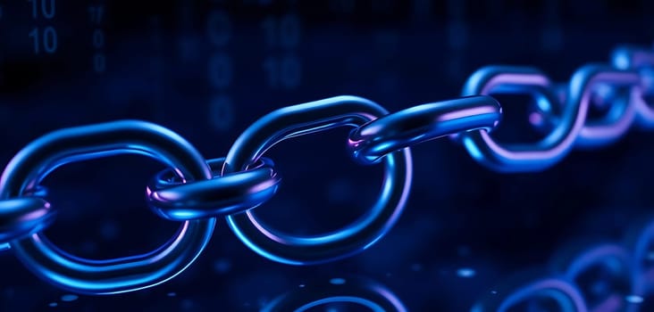 A gleaming blue metallic chain links together against a shadowy background, evoking a sense of technological interconnectedness. The cool hues and reflective surfaces suggest a futuristic, digital environment.