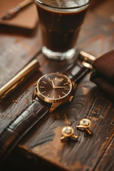 A stylish mocha mousse watch with a sophisticated leather strap elegantly displayed alongside gold cufflinks on a polished wooden table, luxury fashion accessories. ideal for showcasing timeless elegance and refined taste.