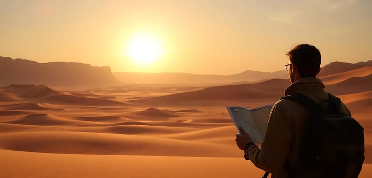 A lone traveler, equipped with a backpack and map, stands amidst the serene expanse of desert dunes at sunrise. The rising sun casts a warm glow over the tranquil scene, evoking a sense of adventure and solitude. The gentle curves of the sand contrast with the distant, rugged landscape.