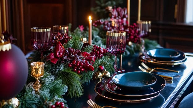 Christmas tablescape decoration, formal family dinner holiday celebration, luxury table setting decor, English country and home style idea