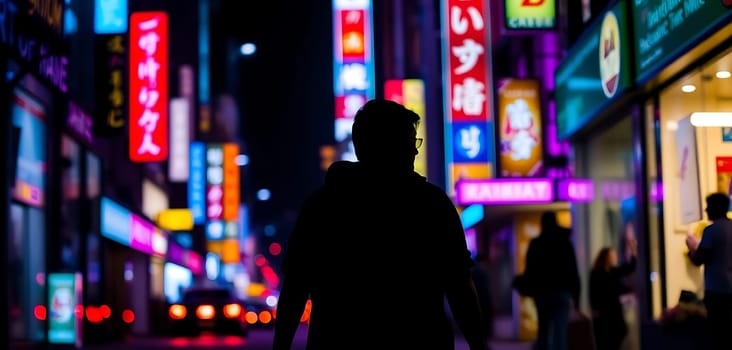 A lone figure strolls through a vibrant, neon-lit urban nightscape. Surrounded by a mosaic of colorful signs in Asian script, the scene exudes a bustling yet mysterious atmosphere, characteristic of a lively city after dark.