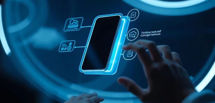 In a futuristic, blue-lit setting, a hand reaches towards a holographic smartphone. Surrounding the phone float icons representing connectivity, social media, and data. The mood conveys advanced technology and user interaction.