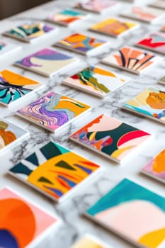 Vibrant square stickers with colorful branding designs are artfully arranged on a marble countertop. soft lighting highlights the vivid, polished presentation, perfect for showcasing creative branding, print design, or marketing concepts.
