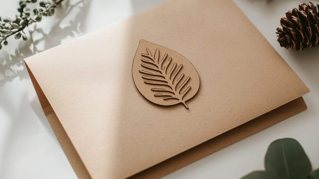 A die cut sticker featuring a minimalist leaf design adorns a brown kraft envelope. styled with natural props, it creates an eco-friendly aesthetic ideal for sustainable branding and design themes in print or digital media.