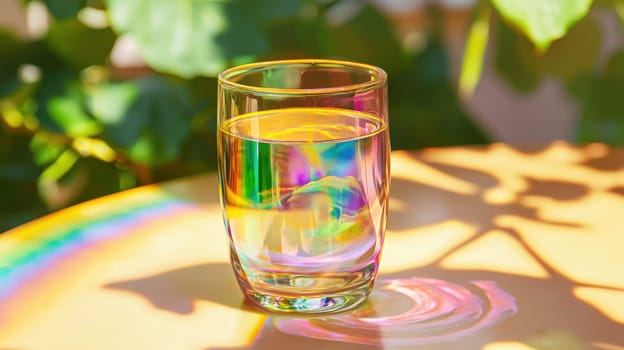 A clear glass tumbler adorned with a whimsical rainbow holographic sticker, placed in natural lighting. sunlight and colorful reflections create a vibrant interplay of colors, enhancing the playful design and transparent glass.