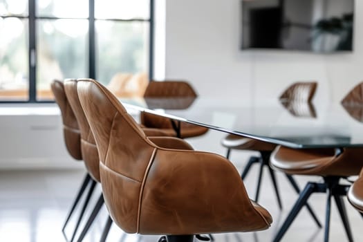 Bright and spacious corporate meeting room featuring ergonomic mocha mousse chairs around a long glass table. a projector screen is perfectly positioned for presentations, ensuring a professional environment ideal for business discussions.