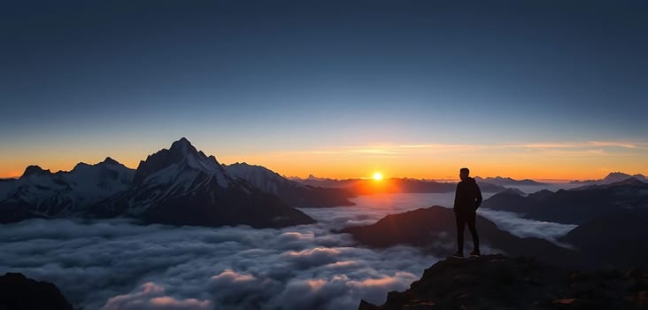 A lone hiker stands atop a rocky peak, silhouetted against a breathtaking sunrise. Below, a sea of clouds blankets the landscape, with majestic mountains piercing the horizon. The serene mood captures the awe of early morning tranquility.