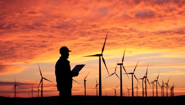 A silhouetted engineer stands amidst a wind farm at sunset, holding a clipboard. The vibrant sky and spinning turbines create a mood of innovation and sustainability.