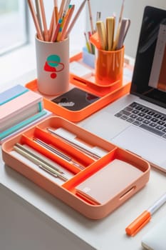 A modern workspace setup featuring mocha mousse file organizers, sleek pens, and a laptop on a bright desk. the stylish arrangement includes a computer, plant, and artistic elements, perfect for inspiring productivity and creativity in a vibrant office setting.