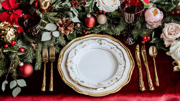 Christmas tablescape decoration, formal family dinner holiday celebration, luxury table setting decor, English country and home style idea