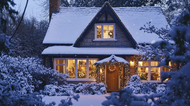 Christmas in the countryside, cottage decorated for holidays on a snowy winter evening with snow and holiday lights, English country styling inspiration