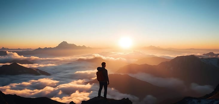 A lone hiker stands atop a mountain peak, silhouetted against a breathtaking sunrise. The sky is painted with hues of orange and blue, while fluffy clouds blanket the valleys below, creating a serene and majestic atmosphere.