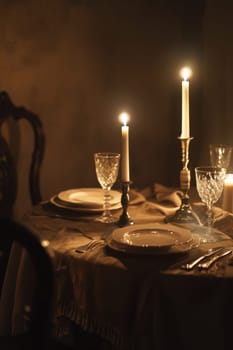 Romantic dining ambiance featuring a mocha mousse tablecloth, elegant crystal glassware, and white candles. the soft glow enhances the intimate atmosphere, perfect for special occasions or celebrations.