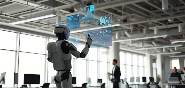 In a modern office, a humanoid robot stands prominently, interfacing with a futuristic holographic display. The bright, bustling workspace features workers engaged in tasks, creating a blend of advanced technology and human activity. The mood is innovative and forward-looking, hinting at a future where tech and humanity collaborate seamlessly.