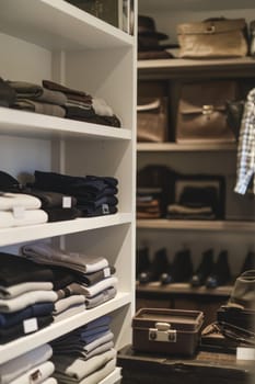 Chic boutique interior showcases a sophisticated arrangement with mocha mousse shelves. fashionable clothing and stylish accessories create a luxurious shopping experience, combining modern design elements with elegant functionality.