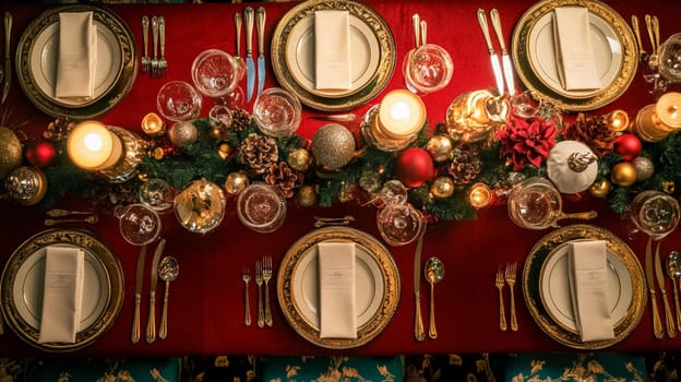 Christmas tablescape decoration, formal family dinner holiday celebration, luxury table setting decor, English country and home style idea