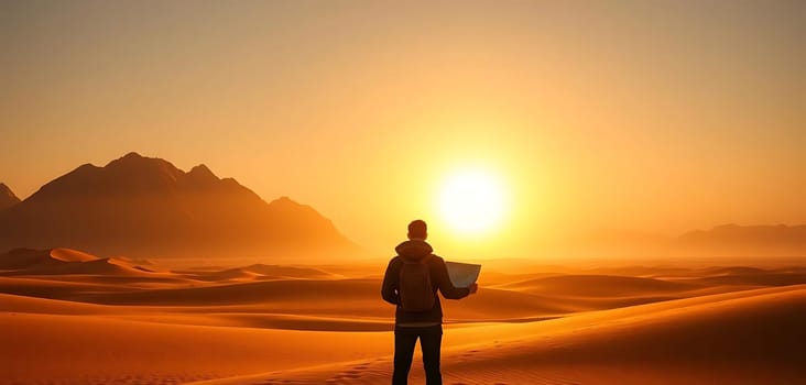A lone figure stands amidst vast desert dunes at sunset, consulting a map. The setting sun casts a golden hue over the landscape, silhouetting distant mountains. The mood is one of solitude and exploration.